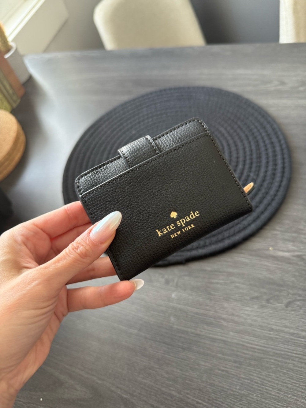 kate spade Black Leather Compact Wallet with Gold Logo